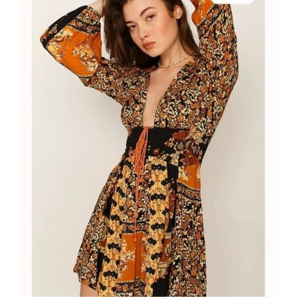 Free People Dresses & Skirts - Free People Mixin’ It Up Mini Dress Orange/Black Floral Size M New With Tags